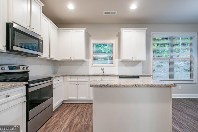 kitchen featuring appliances with stainless steel finishes, a sink, dark wood-style flooring, tasteful backsplash, and recessed lighting