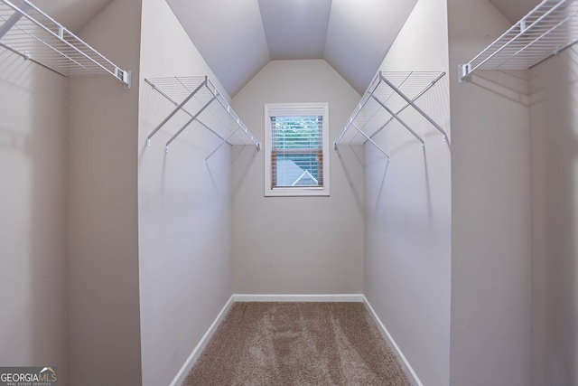spacious closet with carpet and vaulted ceiling