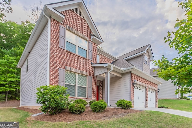 traditional-style home with a garage, concrete driveway, a front lawn, brick siding, and a shingled roof
