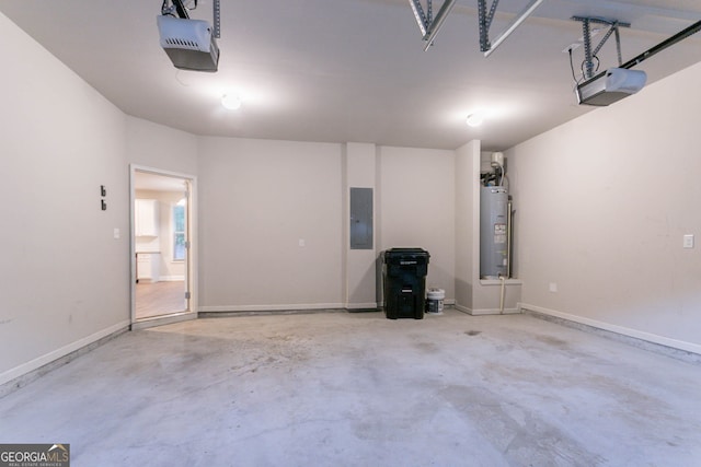 garage with a garage door opener, electric water heater, electric panel, and baseboards