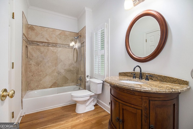 315 Hembree Grove Trce, Roswell, GA 30076 - bathroom featuring  shower combination, toilet, vanity, crown molding, and wood finished floors