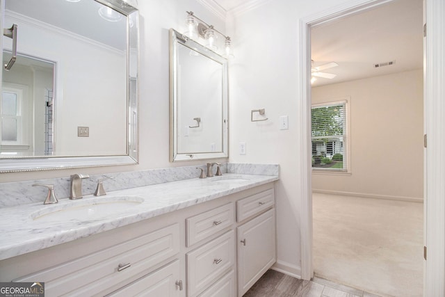 315 Hembree Grove Trce, Roswell, GA 30076 - full bath with double vanity, crown molding, baseboards, and ceiling fan