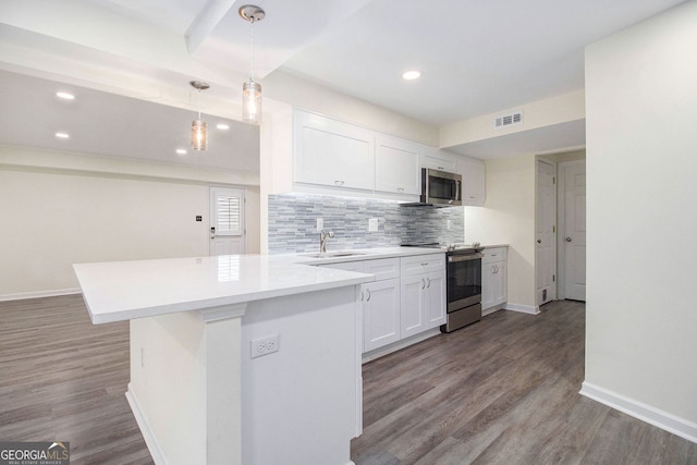 315 Hembree Grove Trce, Roswell, GA 30076 - kitchen with stainless steel appliances, a peninsula, white cabinetry, wood finished floors, and recessed lighting