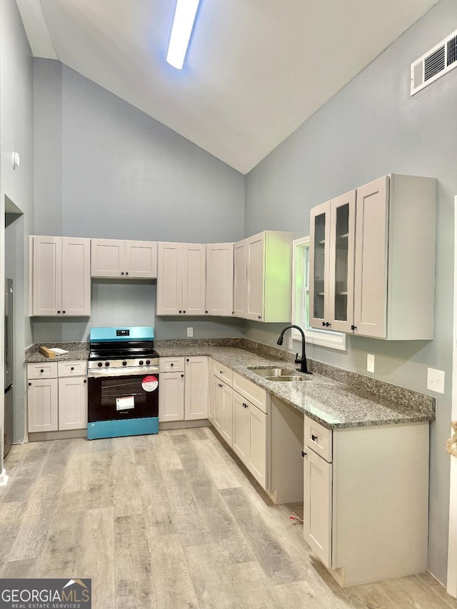 201 Deerfield Ln, Carrollton, GA 30116 - kitchen with stainless steel range with electric stovetop, high vaulted ceiling, a sink, light wood-style floors, and light stone counters