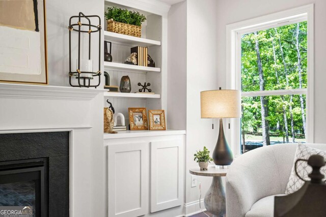 2749 Porches Ln, Dacula, GA 30019 - sitting room with plenty of natural light, built in shelves, and a glass covered fireplace