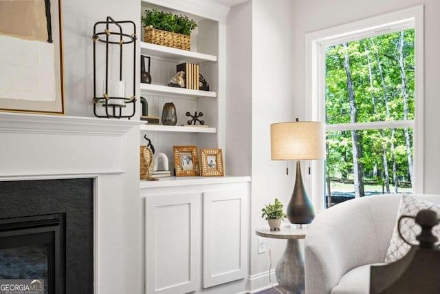 living area featuring plenty of natural light, built in shelves, and a glass covered fireplace