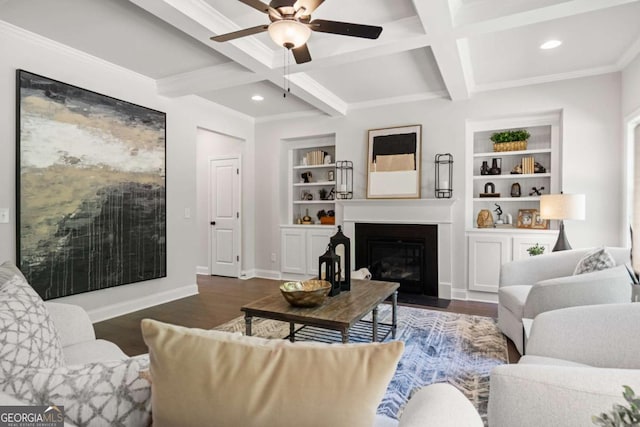 living room with a fireplace with flush hearth, a ceiling fan, coffered ceiling, beam ceiling, and recessed lighting