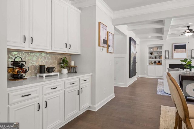 2749 Porches Ln, Dacula, GA 30019 - bar featuring tasteful backsplash, built in features, dark wood-style flooring, beamed ceiling, and a ceiling fan