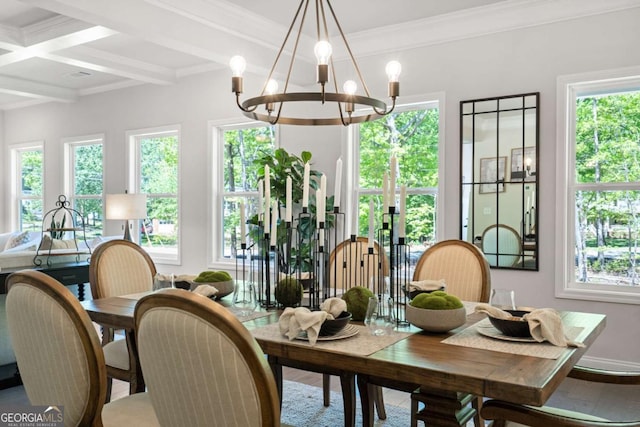 dining area featuring beam ceiling, a chandelier, plenty of natural light, crown molding, and coffered ceiling