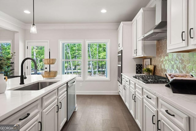 kitchen with wall chimney range hood, stainless steel appliances, a sink, backsplash, and white cabinetry