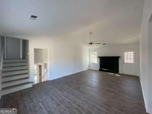 3417 Hollow Tree Dr, Decatur, GA 30034 - unfurnished living room with dark wood-style flooring, a fireplace, baseboards, and ceiling fan