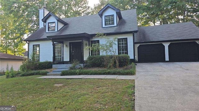 new england style home featuring a garage, a chimney, driveway, and a front lawn