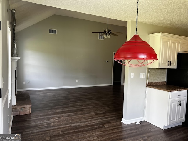 120 Magnolia Trl, Milner, GA 30257 - kitchen with a ceiling fan, vaulted ceiling, dark wood-type flooring, dark countertops, and backsplash