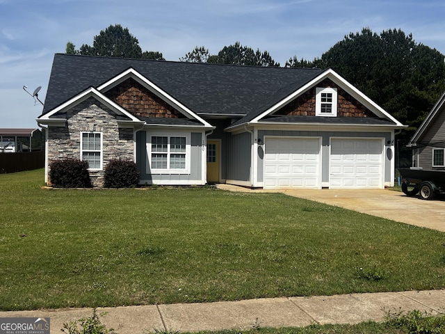 120 Magnolia Trl, Milner, GA 30257 - craftsman inspired home featuring a front yard, concrete driveway, a garage, stone siding, and a shingled roof