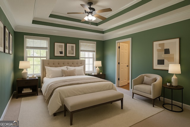 120 Magnolia Trl, Milner, GA 30257 - bedroom with multiple windows, ornamental molding, a tray ceiling, baseboards, and light colored carpet