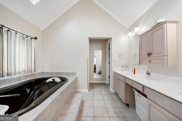 104 Bob White Run, Jackson, GA 30233 - full bathroom with double vanity, a garden tub, tile patterned floors, baseboards, and high vaulted ceiling