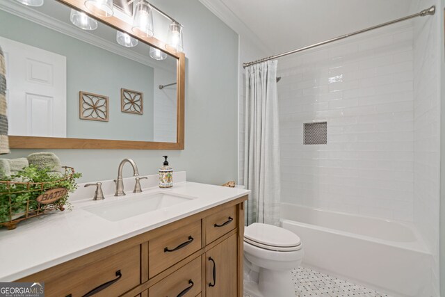 full bathroom with toilet, shower / tub combo with curtain, vanity, tile patterned floors, and ornamental molding