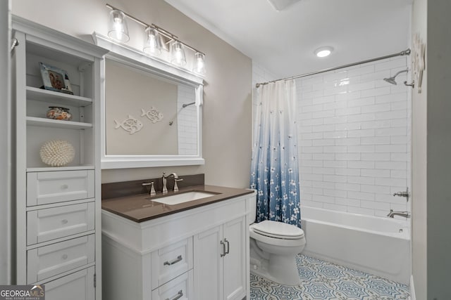 full bathroom with toilet, tile patterned floors, vanity, and shower / bath combination with curtain