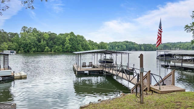 dock with a water view and a wooded view