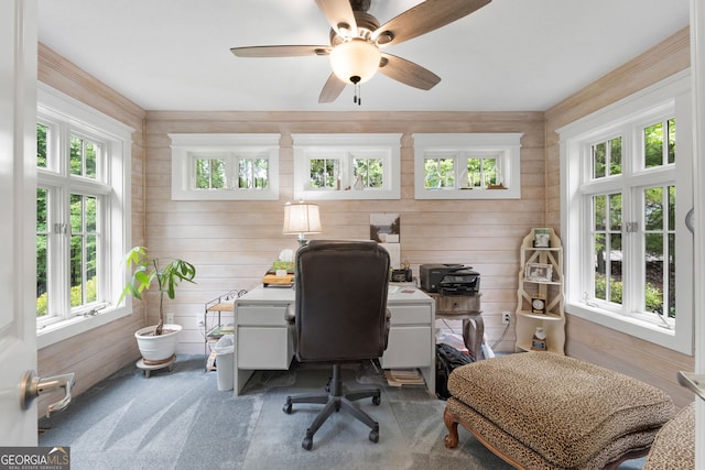 130 Allie Dr, Mcdonough, GA 30252 - carpeted home office with wood walls and ceiling fan