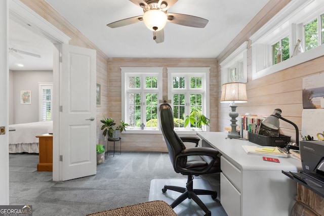 130 Allie Dr, Mcdonough, GA 30252 - carpeted home office with a ceiling fan and wood walls