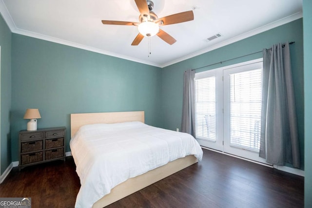2114 Woodland Ln, Alpharetta, GA 30009 - bedroom with wood finished floors, ornamental molding, access to outside, and ceiling fan