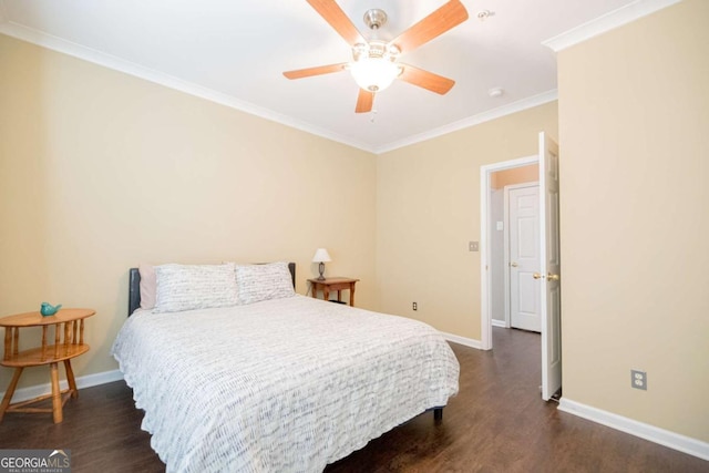 2114 Woodland Ln, Alpharetta, GA 30009 - bedroom with dark wood finished floors, crown molding, baseboards, and ceiling fan