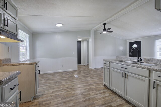 kitchen with a sink, a ceiling fan, light wood-style floors, plenty of natural light, and a wainscoted wall