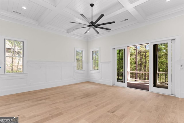 1111 Swift Crk, Greensboro, GA 30642 - spare room featuring coffered ceiling, healthy amount of natural light, light wood-style flooring, beam ceiling, and recessed lighting