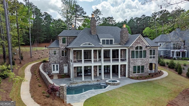 5010 Browns Ford Rd, Greensboro, GA 30642 - back of property with a patio area, a chimney, a lawn, and stone siding