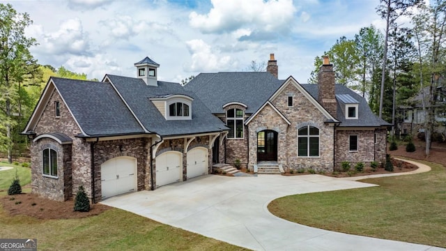 5010 Browns Ford Rd, Greensboro, GA 30642 - french country home with driveway, a front yard, a chimney, a garage, and a shingled roof