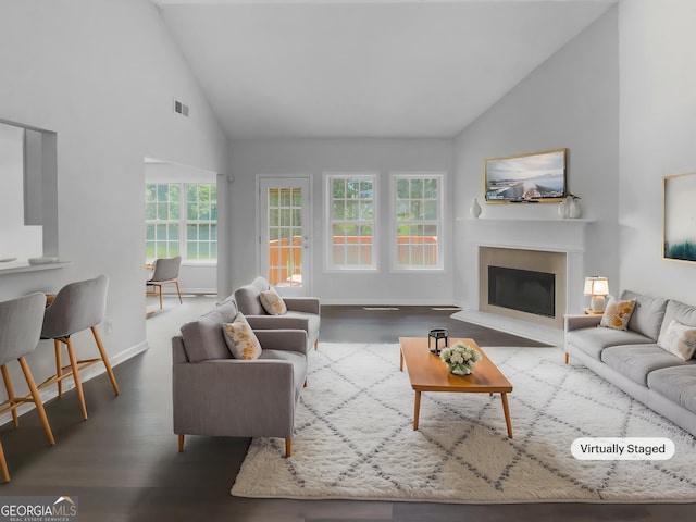 4335 Northwind Dr, Ellenwood, GA 30294 - living area featuring high vaulted ceiling, wood finished floors, a fireplace with raised hearth, and baseboards