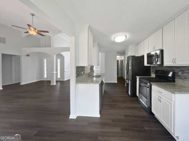 4335 Northwind Dr, Ellenwood, GA 30294 - kitchen with appliances with stainless steel finishes, arched walkways, decorative backsplash, ceiling fan, and a sink
