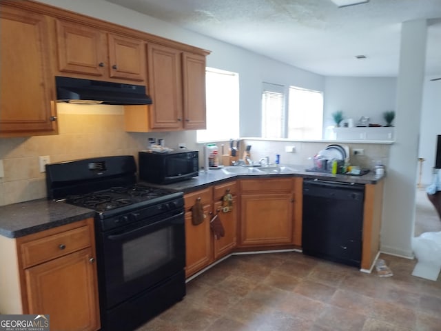 11950 Markham Way, Hampton, GA 30228 - kitchen featuring black appliances, under cabinet range hood, backsplash, and brown cabinets
