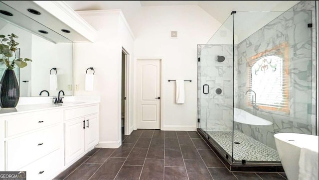 21 Whitegrass Way, Grayson, GA 30017 - full bath featuring a marble finish shower, vanity, baseboards, and a freestanding bath
