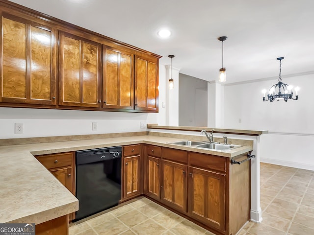 kitchen with a sink, black dishwasher, a peninsula, light countertops, and brown cabinets