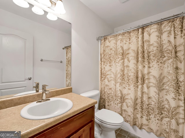 full bath with toilet, tile patterned floors, vanity, and a shower with curtain
