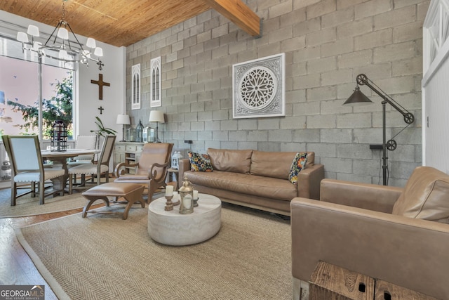 542 Ralph Mcgill Blvd Unit 7, Atlanta, GA 30312 - living room featuring wooden ceiling, wood finished floors, and a chandelier