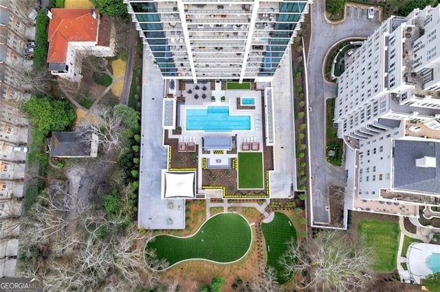 aerial overview of property's location featuring a pool area