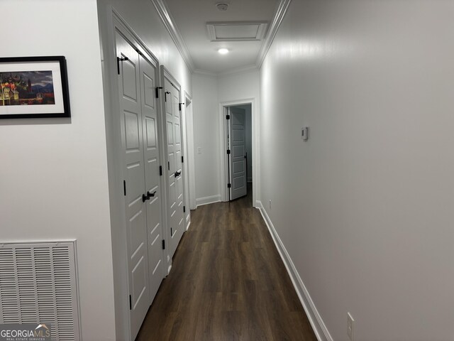 633 E 3rd St, Rome, GA 30161 - hall with attic access, crown molding, dark wood-style flooring, and baseboards