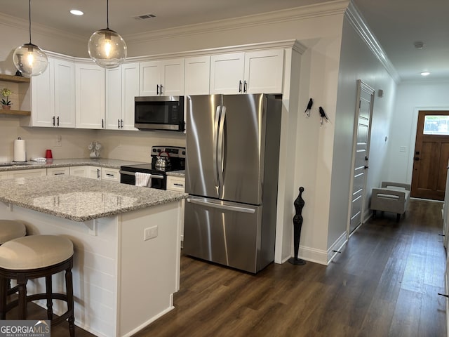 633 E 3rd St, Rome, GA 30161 - kitchen featuring stainless steel appliances, open shelves, dark wood finished floors, white cabinets, and ornamental molding