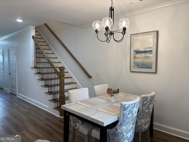 633 E 3rd St, Rome, GA 30161 - dining space featuring stairs, ornamental molding, a chandelier, dark wood-style floors, and baseboards