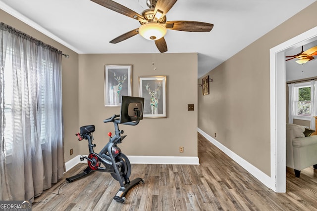 exercise area featuring a ceiling fan, wood finished floors, and baseboards