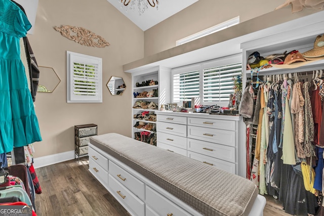 walk in closet featuring dark wood-style floors and high vaulted ceiling