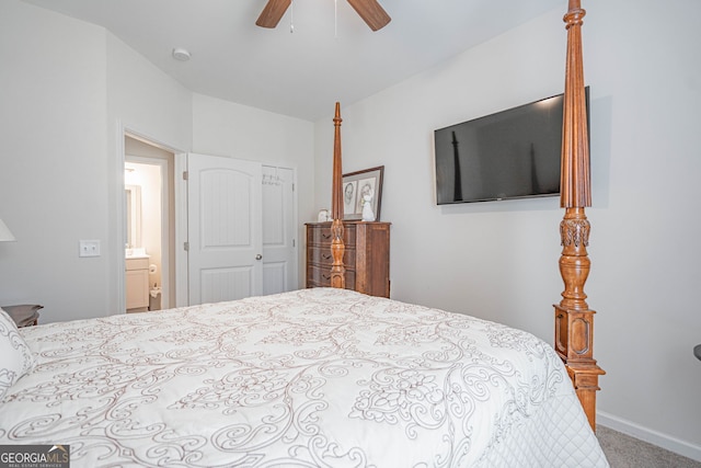 carpeted bedroom with a closet, baseboards, and ceiling fan