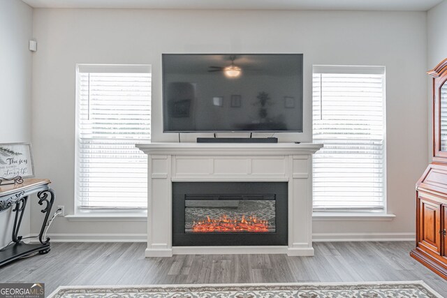 living area featuring light wood finished floors, a glass covered fireplace, and baseboards