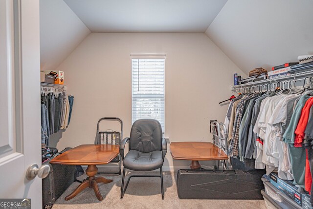 spacious closet featuring vaulted ceiling and carpet flooring