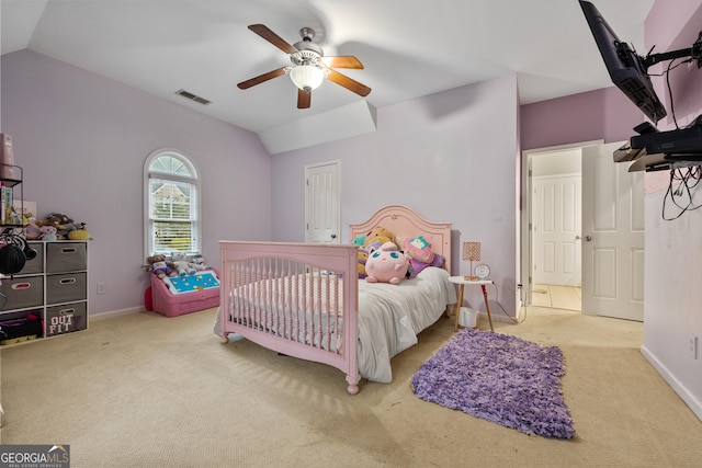 6217 Millstone Trl, Douglasville, GA 30135 - bedroom featuring vaulted ceiling, carpet floors, a ceiling fan, and baseboards