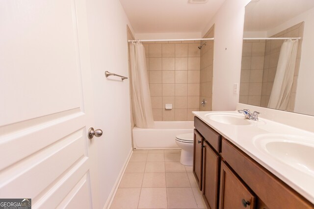 9872 Cameron Parc Cir, Johns Creek, GA 30022 - bathroom with tile patterned flooring, shower / bathtub combination with curtain, double vanity, and toilet