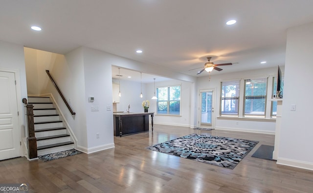 9872 Cameron Parc Cir, Johns Creek, GA 30022 - foyer entrance featuring wood finished floors, ceiling fan, baseboards, and recessed lighting